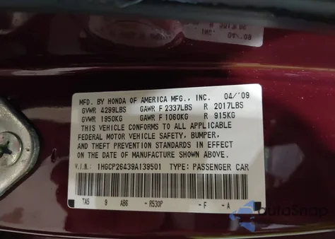 2009 Honda Accord 2.4 Lx-P z USA, uszkodzony, nr VIN 1HGCP26439A139501
